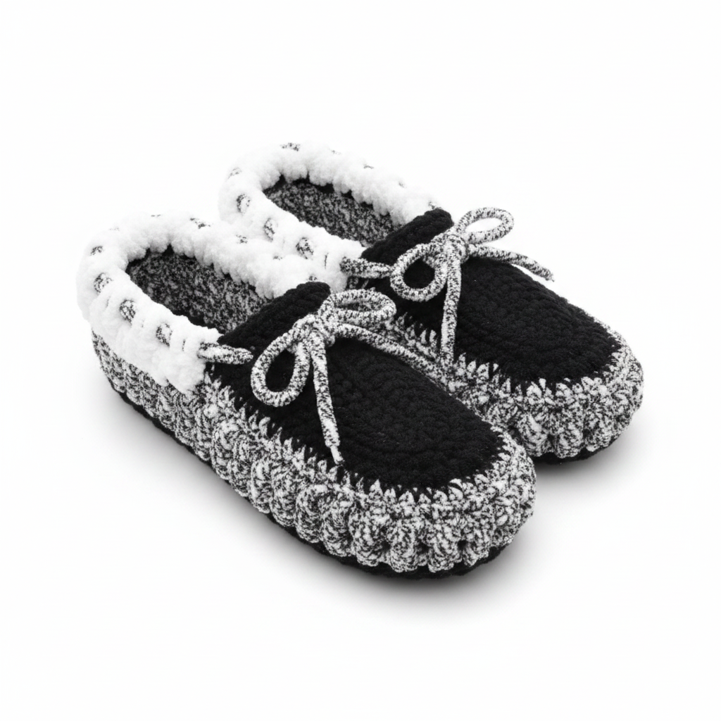 Black and White Crochet Moccasin Slippers Clean Product Shot