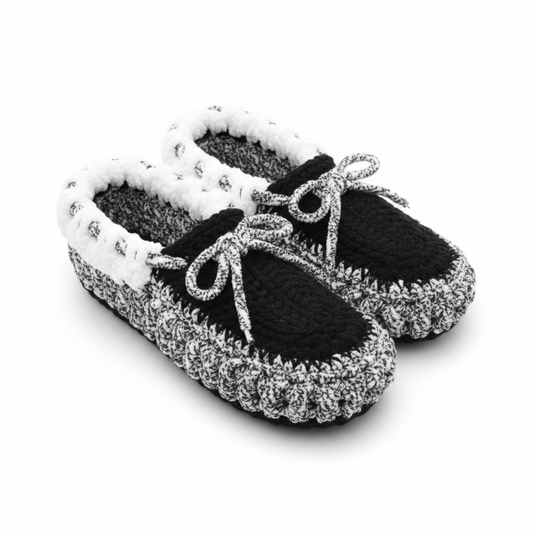 Black and White Crochet Moccasin Slippers Clean Product Shot