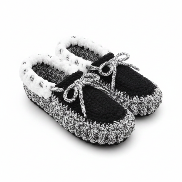 Black and White Crochet Moccasin Slippers Clean Product Shot