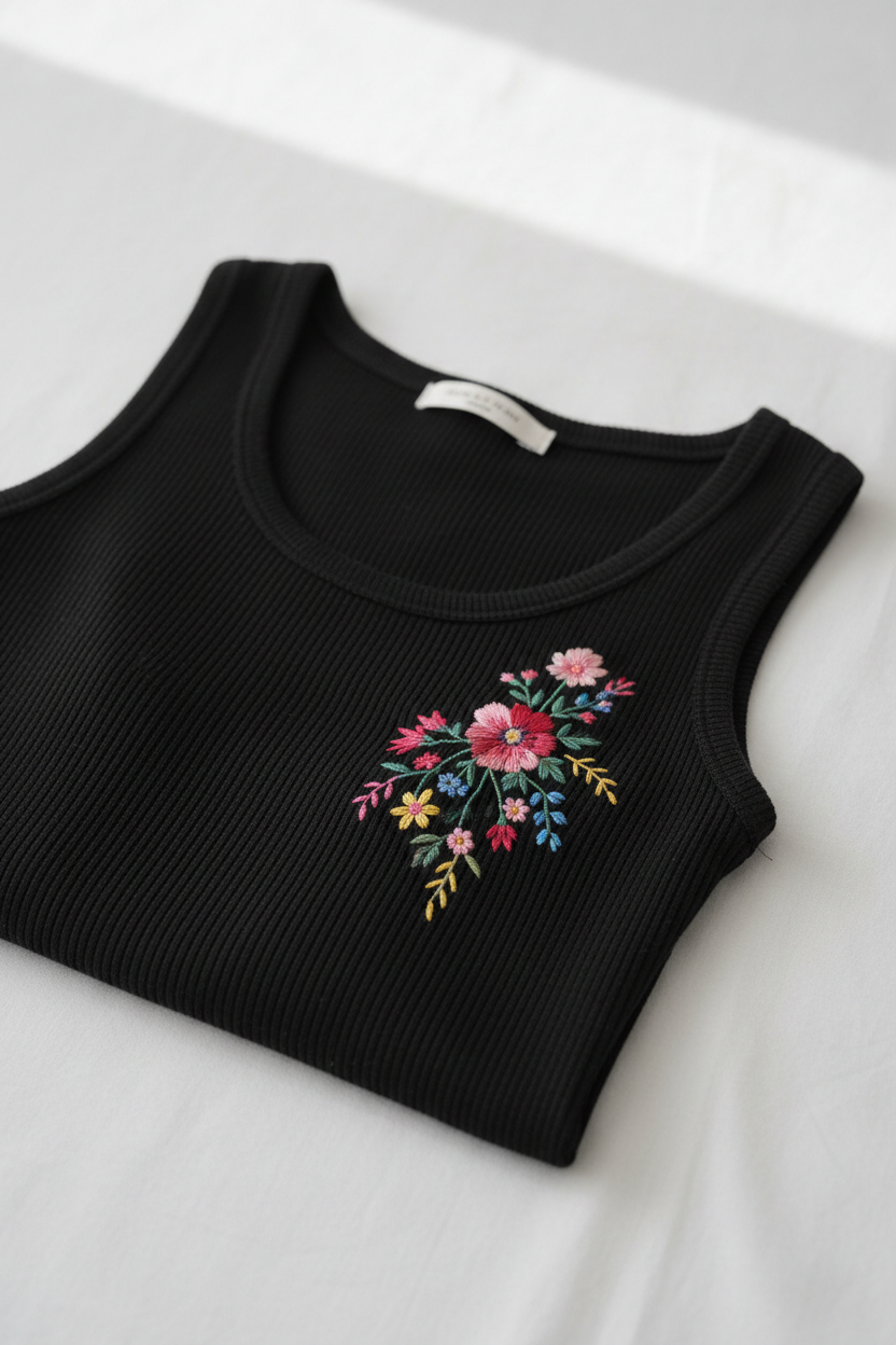 Black Ribbed Embroidered Tank Top