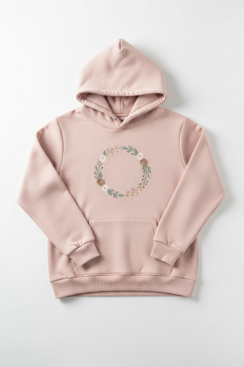 Pink pullover hoodie with custom floral wreath embroidery on chest