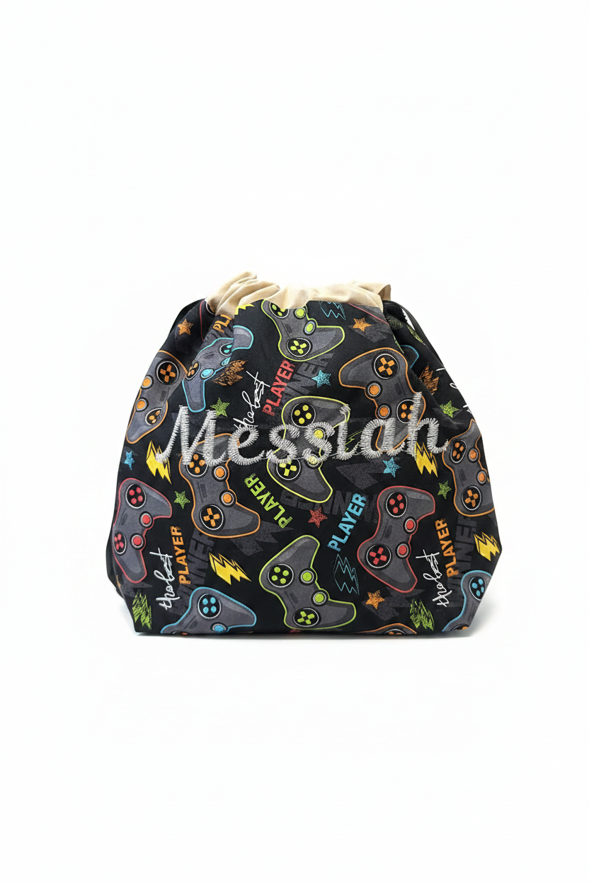 Personalized embroidered drawstring bag with gamer print fabric and custom name