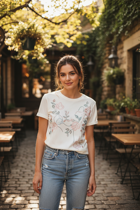 Woman wearing personalized embroidered t-shirt with jeans