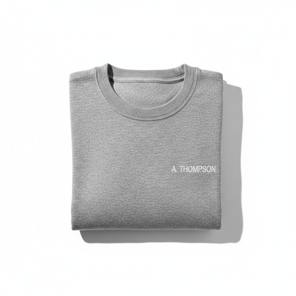 Grey crew neck sweater with embroidered name on left chest, flat lay on white background