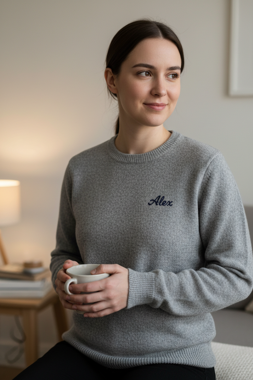 Person wearing grey embroidered crew neck sweater, lifestyle photo