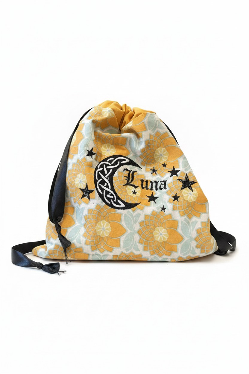Personalized embroidered drawstring bag with floral fabric and Luna moon design