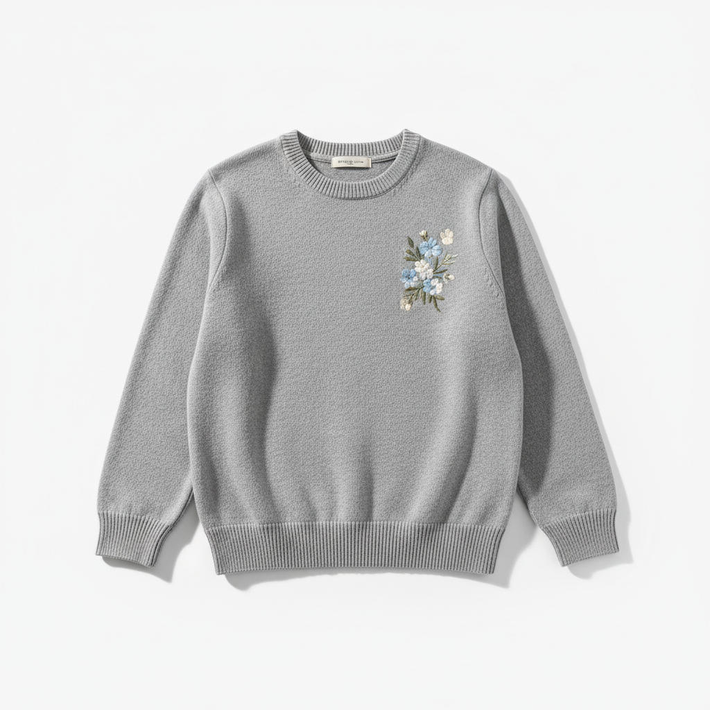 Grey crew neck sweater with embroidered floral design on right chest, flat lay on white background