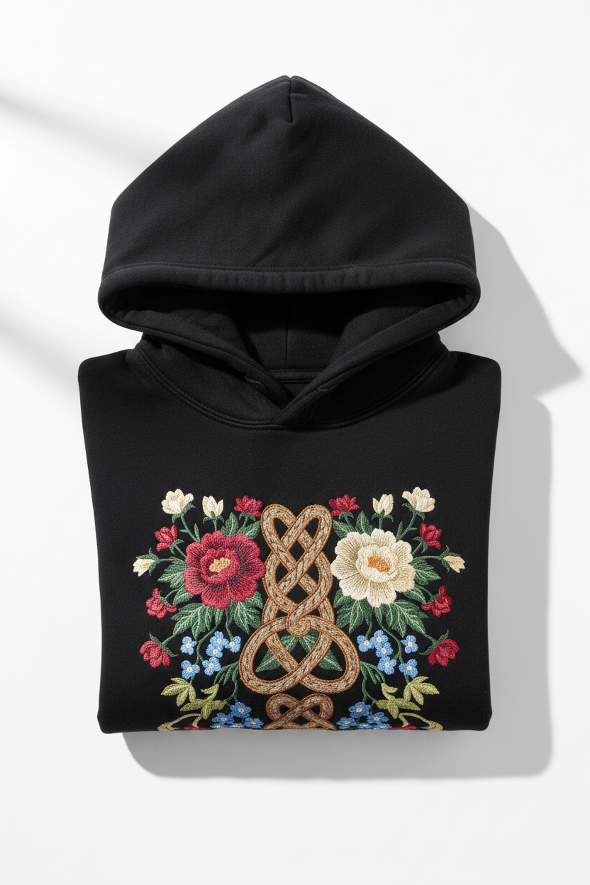 Black pullover hoodie with custom floral embroidery on chest