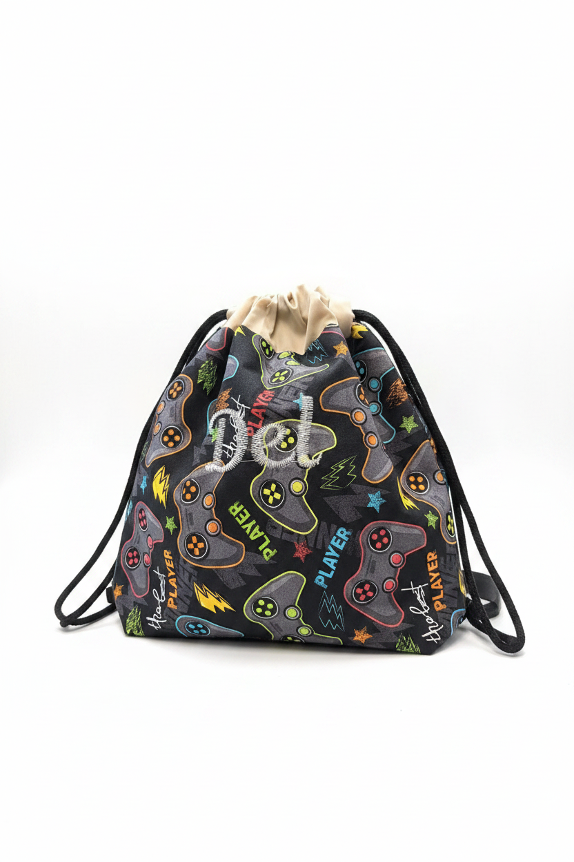 Personalized embroidered drawstring bag with gamer print fabric, alternate angle