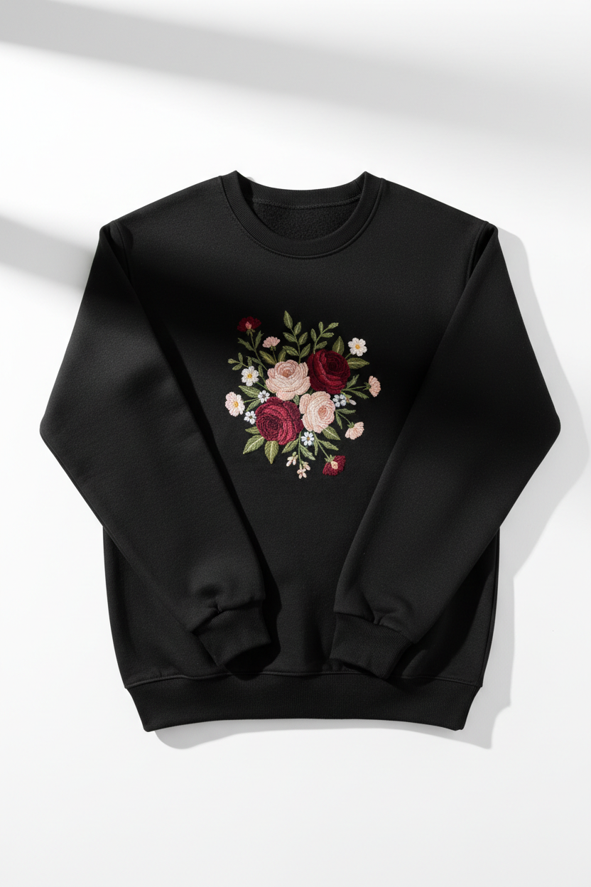 Black crew neck sweater with custom floral embroidery