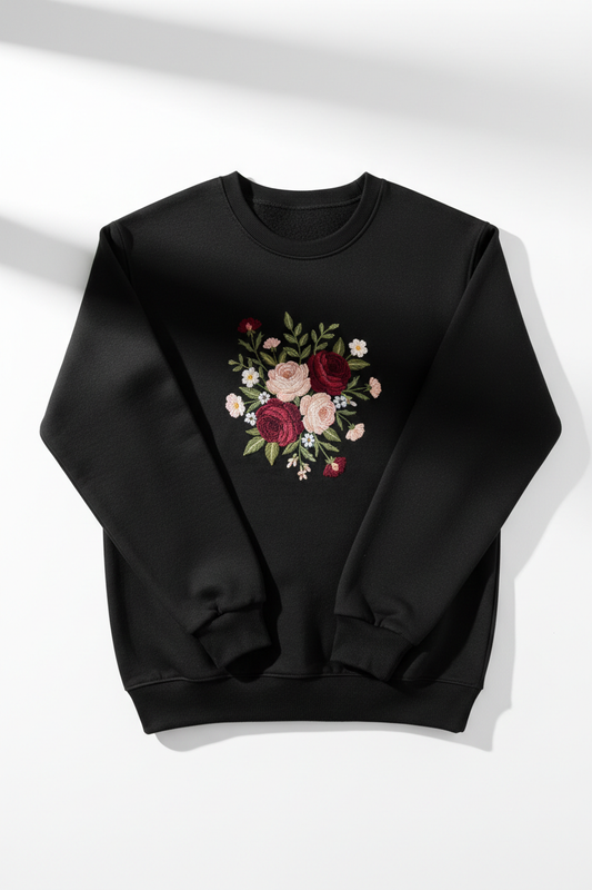 Black crew neck sweater with custom floral embroidery