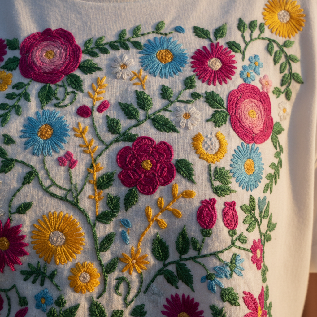 Close-up of floral embroidery stitching on white t-shirt