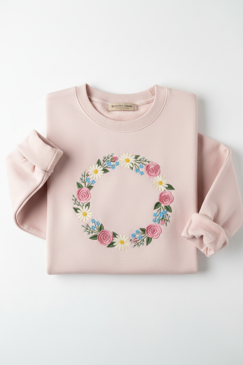 Pink crew neck sweater with custom floral wreath embroidery