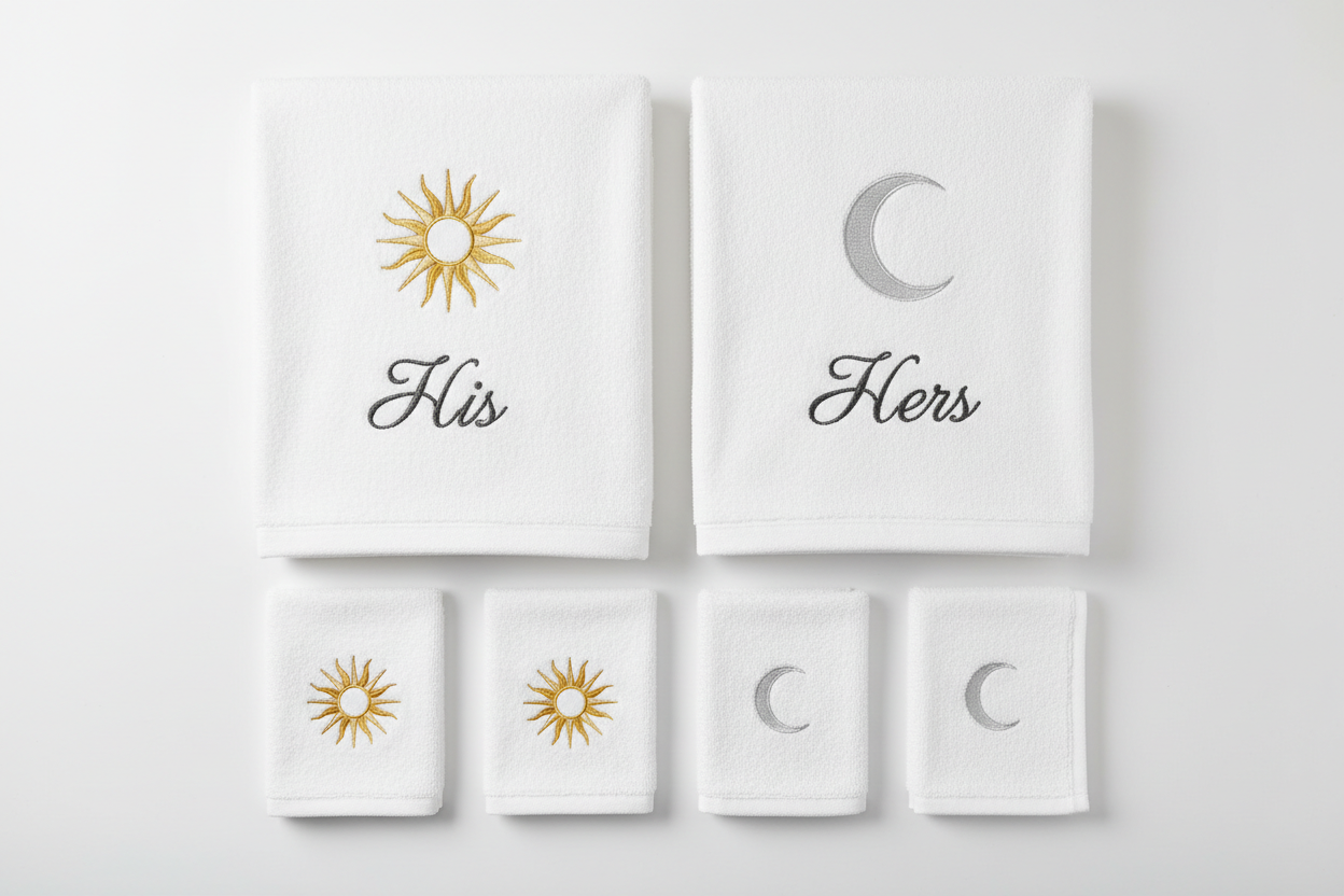 His and Hers embroidered hand towel set with sun and moon symbols, including 4 matching washcloths
