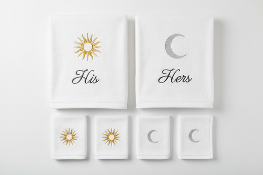 His and Hers embroidered hand towel set with sun and moon symbols, including 4 matching washcloths