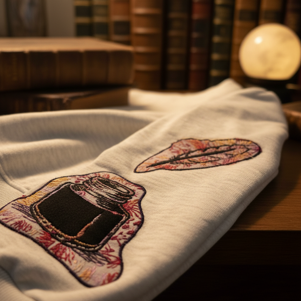 Close-up of quill and ink bottle embroidery on sleeve of The Reader's Crewneck