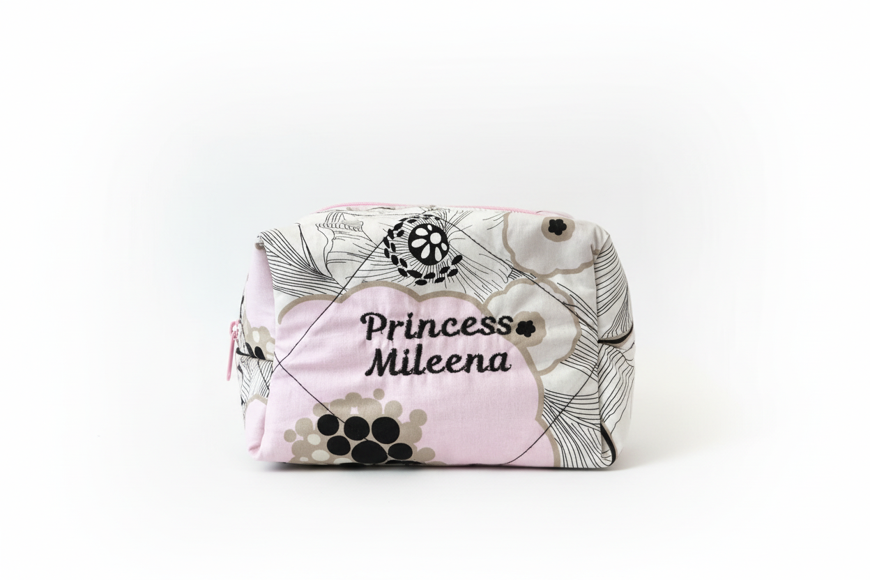 Personalized embroidered makeup bag - custom name side with pink panel