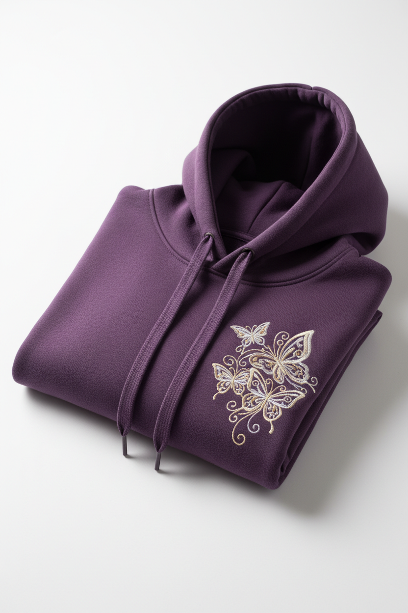 Purple pullover hoodie with custom butterfly floral embroidery on chest