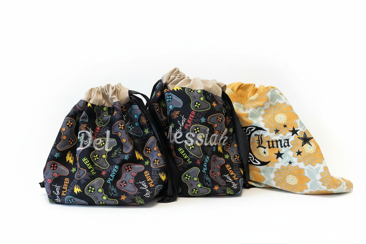 Collection of three personalized embroidered drawstring bags in different fabric prints