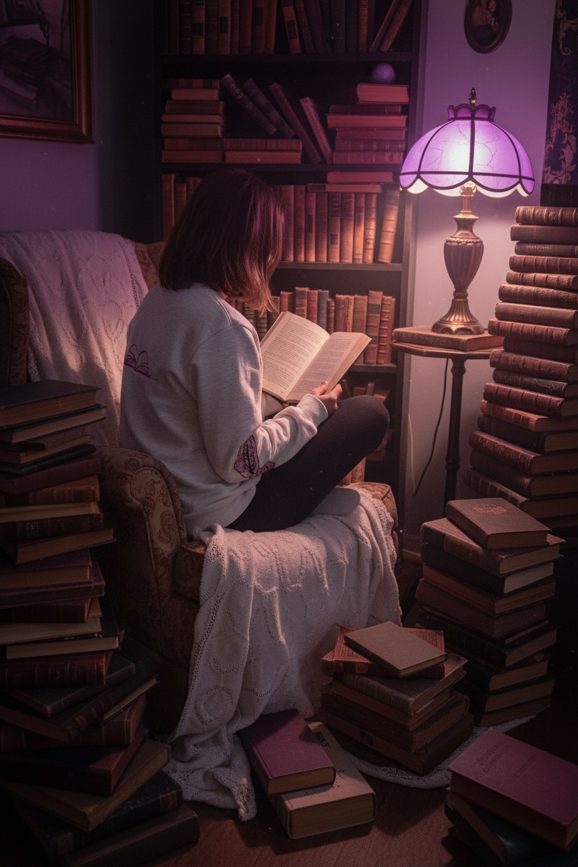 The Reader's Crewneck lifestyle photo in cozy reading nook