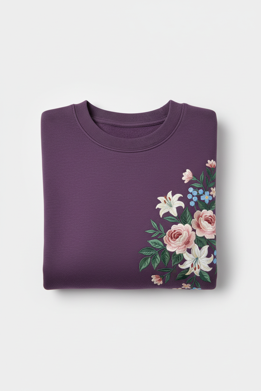 Purple crew neck sweater with custom floral embroidery