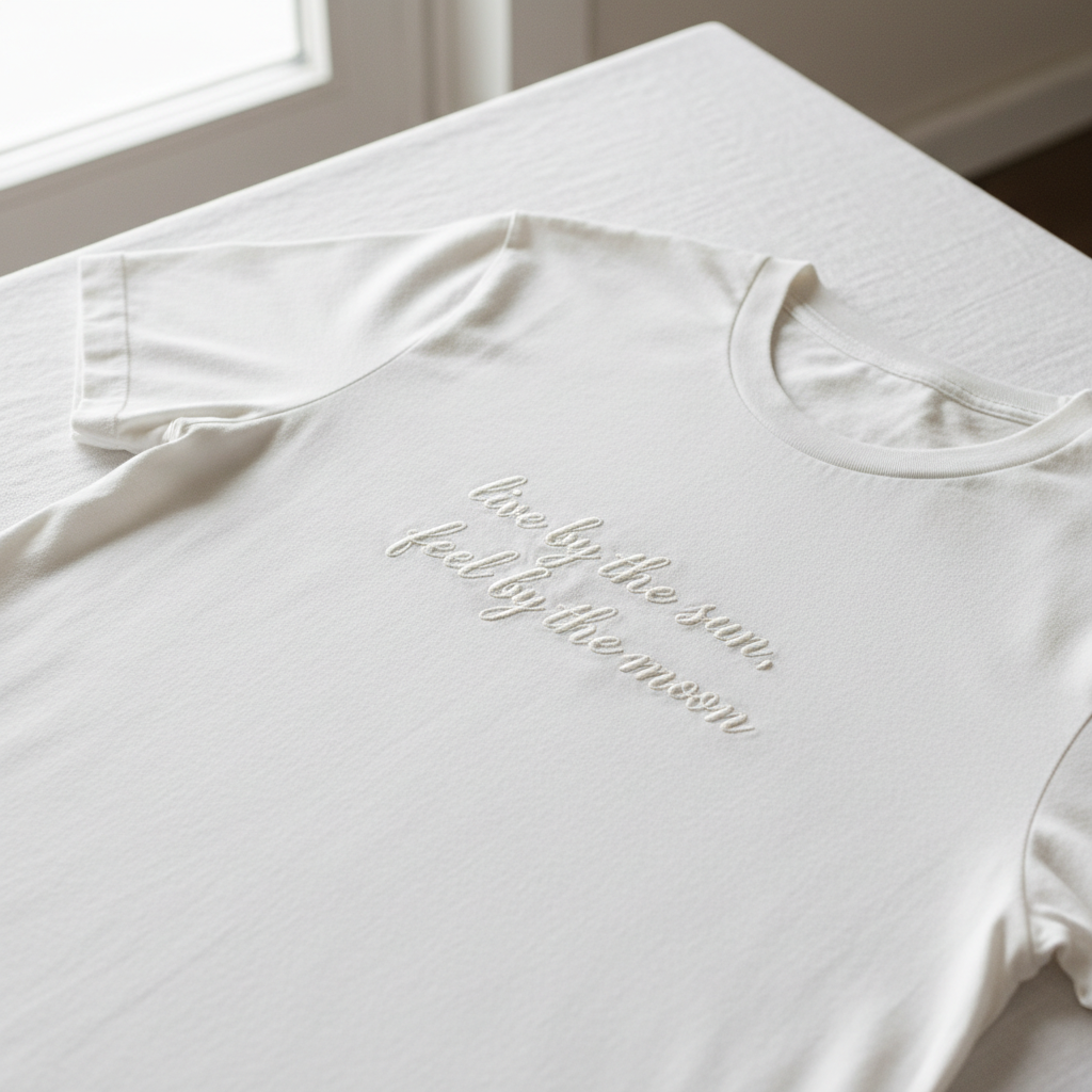 Flat lay of personalized embroidered t-shirt on white surface